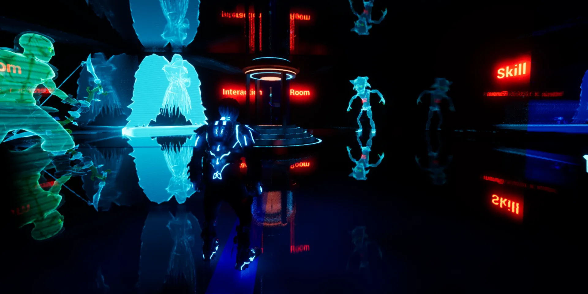 Sci-Fi Agent Game Showroom’dan bir sahne: koyu, yansımalı zeminli etkileşim odası, kırmızı neon tabelalar ve turkuaz hologram figürler.