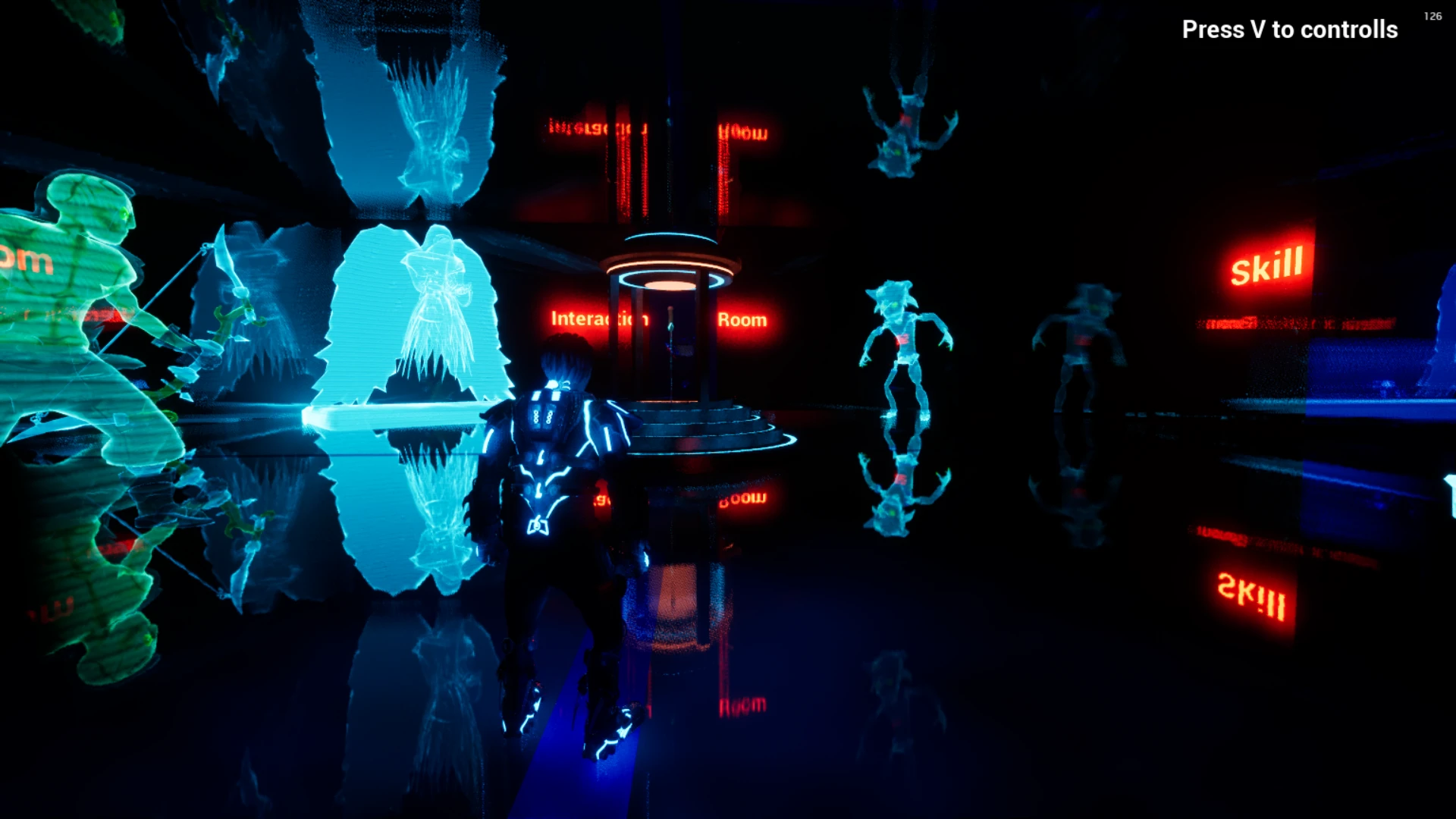Koyu, yansımalı zeminli etkileşim bölümü; kırmızı neon tabela ve turkuaz hologram figürler.